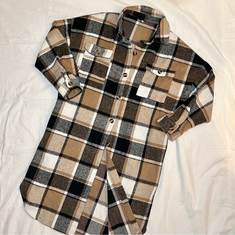 Brown and black long sleeve coat jacket shacket